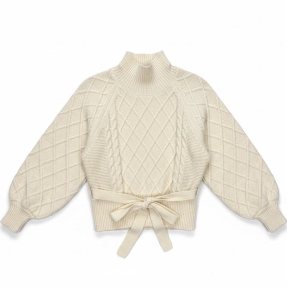 TULAROSA Women's BELTED CABLE KNIT SWEATER Cream Size SMALL